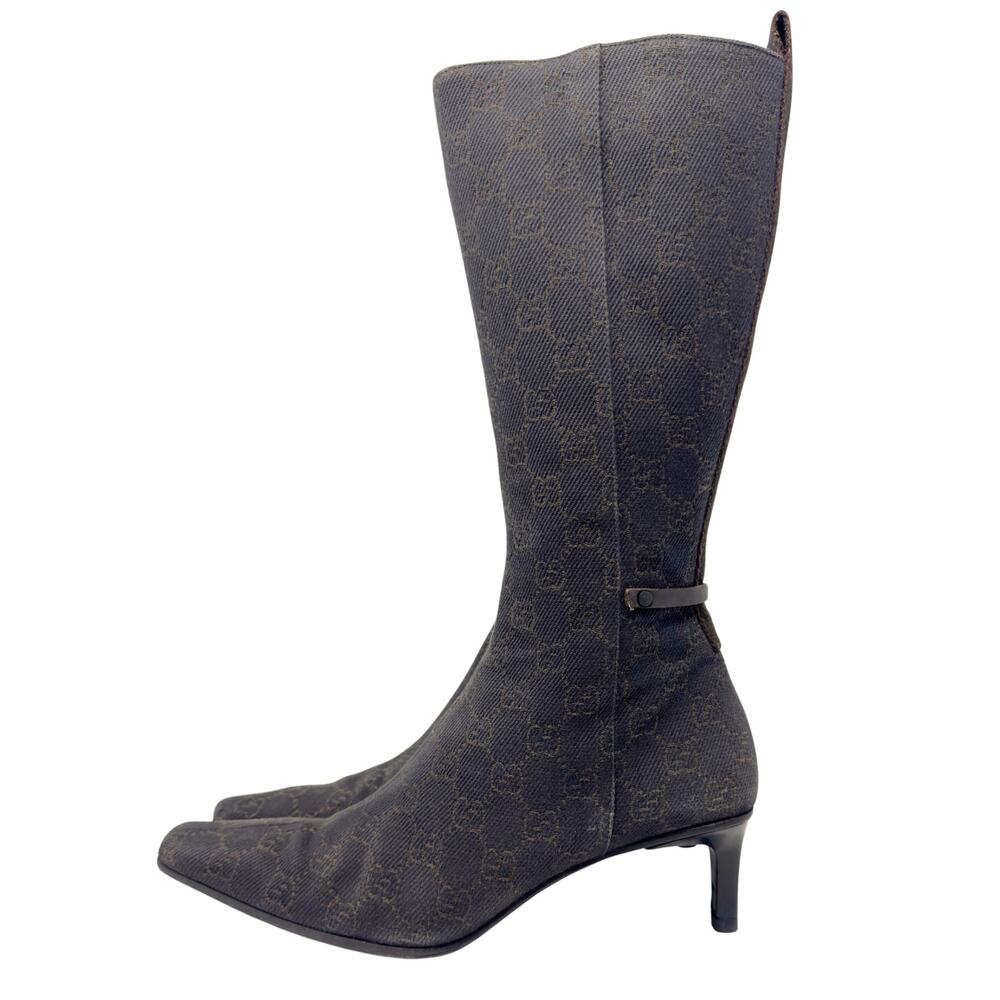 Gucci Boots Knee High Tall Brown‎ Monogram GG Logo Western Cowboy Heels 37.5